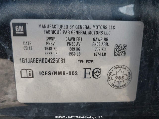 12598883 :رقم المزاد ، 1G1JA6EH0D4226081 vin ، 2013 Chevrolet Sonic Ls مزاد بيع
