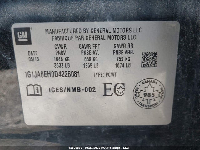 12598883 :رقم المزاد ، 1G1JA6EH0D4226081 vin ، 2013 Chevrolet Sonic Ls مزاد بيع