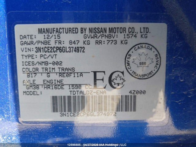 12598885 :رقم المزاد ، 3N1CE2CP6GL374972 vin ، 2016 Nissan Versa Note S/s Plus/sv/sl/sr مزاد بيع