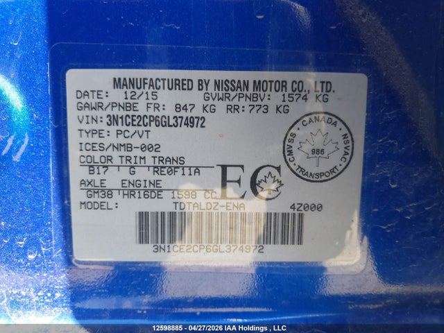 12598885 :رقم المزاد ، 3N1CE2CP6GL374972 vin ، 2016 Nissan Versa Note S/s Plus/sv/sl/sr مزاد بيع