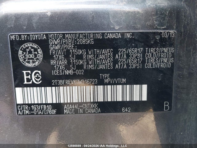 12598889 :رقم المزاد ، 2T3BFREV6DW016723 vin ، 2013 Toyota Rav4 Le مزاد بيع