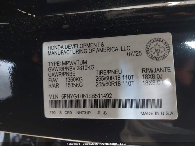 Продаж на аукціоні авто 2025 Honda Pilot Trailsport, vin: 5FNYG1H61SB511492, номер лоту: 12598891