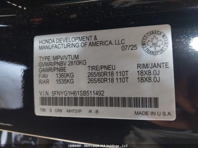Продаж на аукціоні авто 2025 Honda Pilot Trailsport, vin: 5FNYG1H61SB511492, номер лоту: 12598891