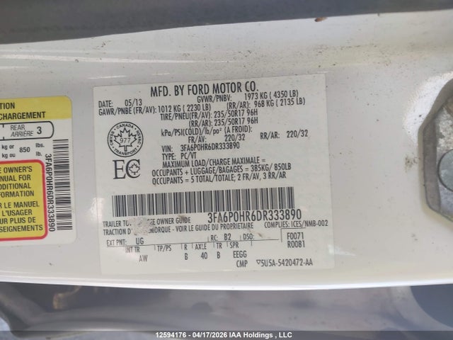 Aukcja sprzedaży 2013 Ford Fusion Se, vin: 3FA6P0HR6DR333890, numer aukcji: 12594176