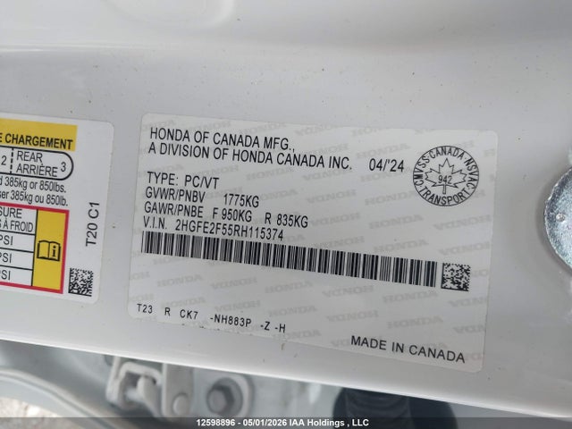 Продажа на аукционе авто 2024 Honda Civic Sport, vin: 2HGFE2F55RH115374, номер лота: 12598896