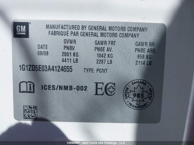 Auction sale of the 2010 Chevrolet Malibu Lt Platinum Edition, vin: 1G1ZD5E03A4124655, lot number: 12598897