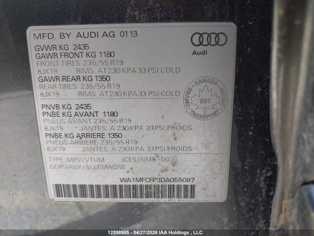 2013 Audi Q5 Premium მანქანა იყიდება აუქციონზე, vin: WA1MFCFP3DA055087, აუქციონის ნომერი: 12598905