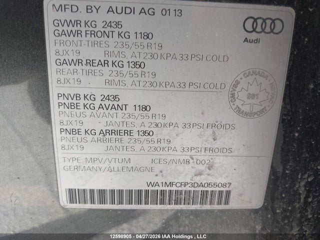 2013 Audi Q5 Premium მანქანა იყიდება აუქციონზე, vin: WA1MFCFP3DA055087, აუქციონის ნომერი: 12598905
