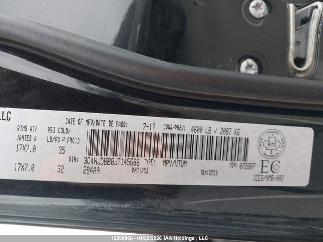 Продаж на аукціоні авто 2018 Jeep Compass, vin: 3C4NJDBB8JT145686, номер лоту: 12598906