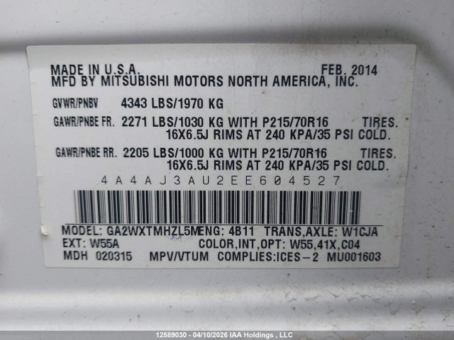 12589030 :رقم المزاد ، 4A4AJ3AU2EE604527 vin ، 2014 Mitsubishi Rvr Se مزاد بيع