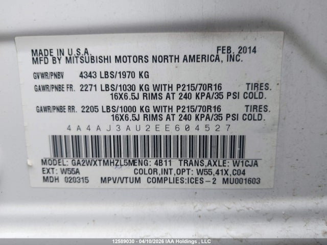 12589030 :رقم المزاد ، 4A4AJ3AU2EE604527 vin ، 2014 Mitsubishi Rvr Se مزاد بيع