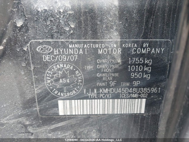 Aukcja sprzedaży 2008 Hyundai Elantra Gl/gls/gls Sport/limited, vin: KMHDU45D48U385961, numer aukcji: 12594090