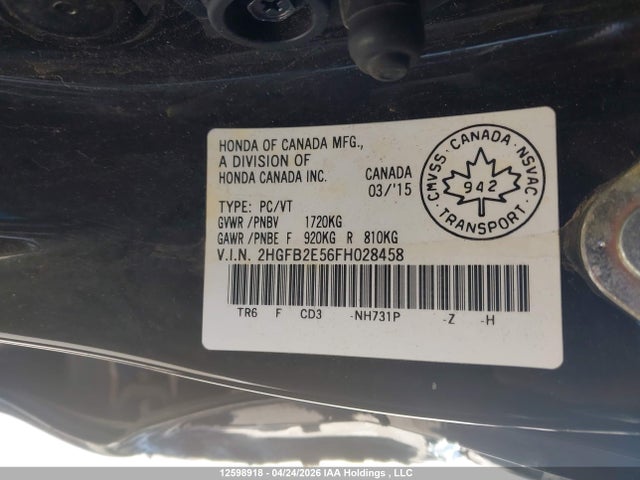 Продажа на аукционе авто 2015 Honda Civic, vin: 2HGFB2E56FH028458, номер лота: 12598918