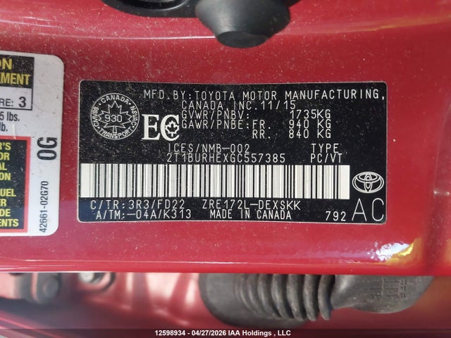 12598934 :رقم المزاد ، 2T1BURHEXGC557385 vin ، 2016 Toyota Corolla S مزاد بيع