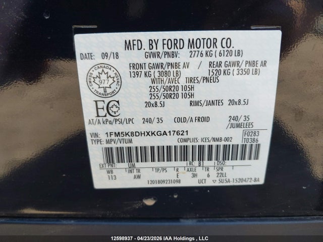 Ford EXPLORER XLT 2019 1FM5K8DHXKGA17621 Image 9