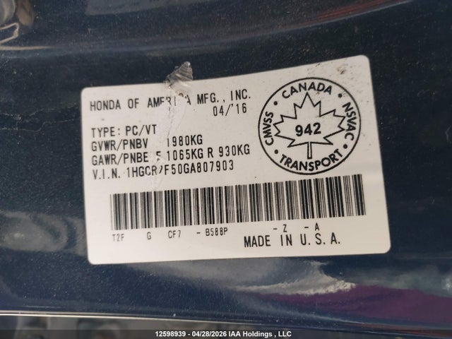 Honda Accord 2016 1HGCR2F50GA807903 Image 19