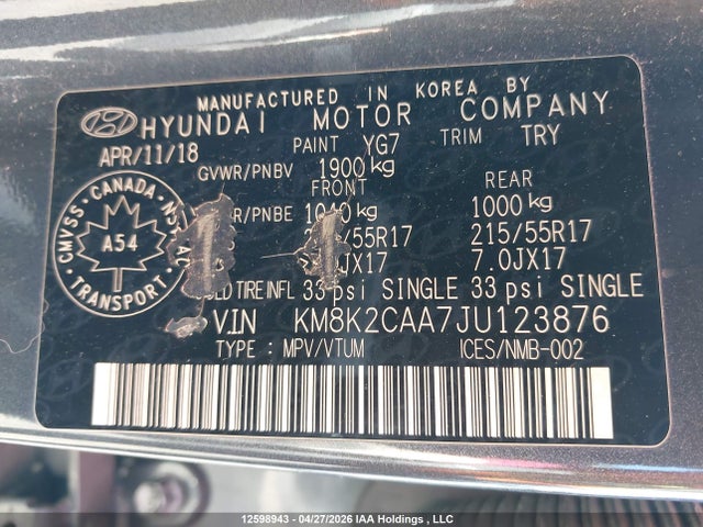 2018 Hyundai Kona მანქანა იყიდება აუქციონზე, vin: KM8K2CAA7JU123876, აუქციონის ნომერი: 12598943