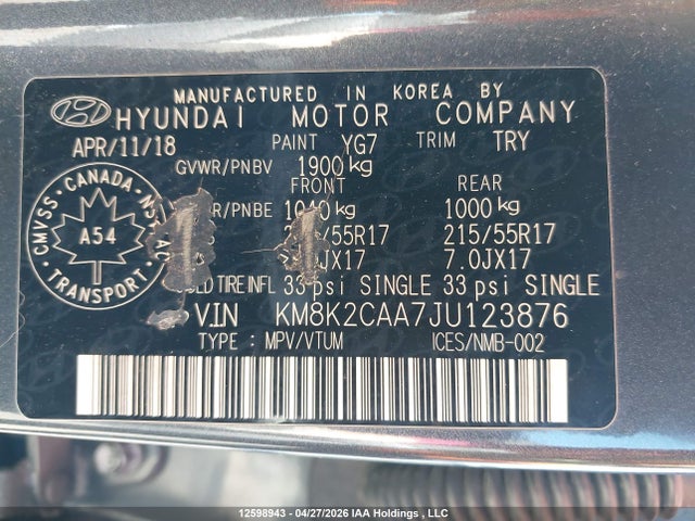 2018 Hyundai Kona მანქანა იყიდება აუქციონზე, vin: KM8K2CAA7JU123876, აუქციონის ნომერი: 12598943