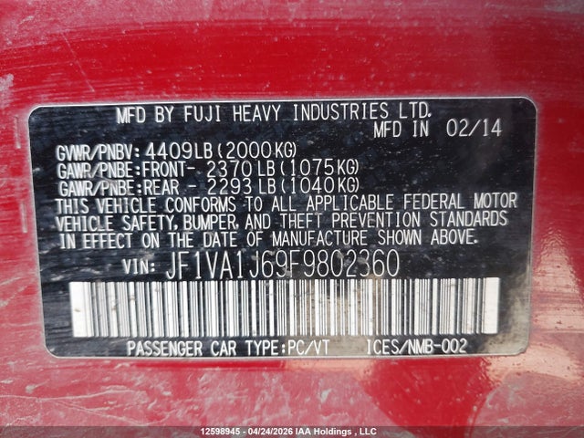 Продаж на аукціоні авто 2015 Subaru Wrx Limited, vin: JF1VA1J69F9802360, номер лоту: 12598945