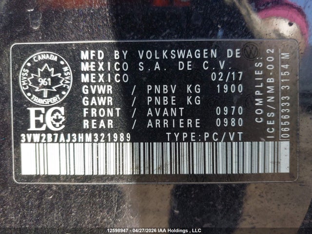 2017 Volkswagen Jetta S მანქანა იყიდება აუქციონზე, vin: 3VW2B7AJ3HM321989, აუქციონის ნომერი: 12598947