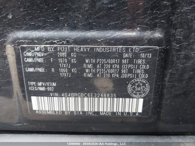 2014 Subaru Legacy Outback მანქანა იყიდება აუქციონზე, vin: 4S4BRGBC6E3248835, აუქციონის ნომერი: 12598950