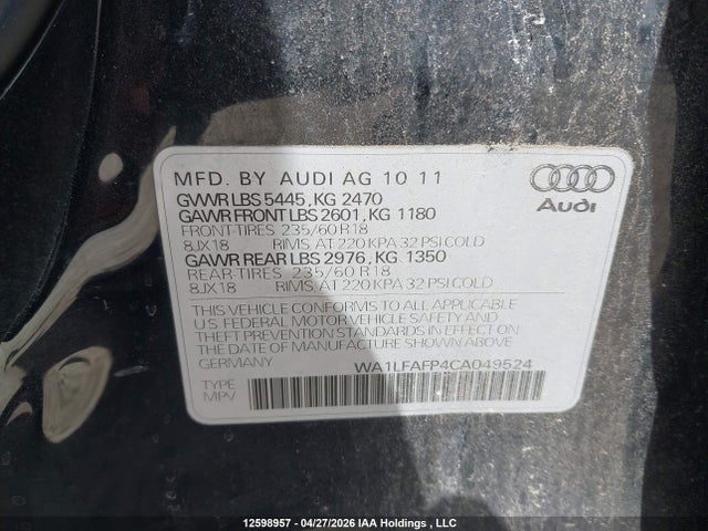 Продажа на аукционе авто 2012 Audi Q5 Premium Plus, vin: WA1LFAFP4CA049524, номер лота: 12598957