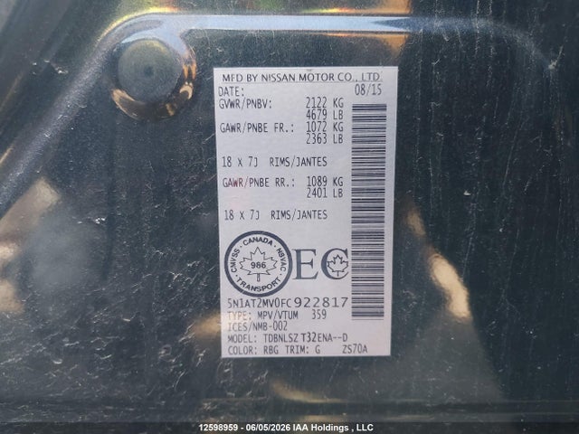 2015 Nissan Rogue S/sl/sv მანქანა იყიდება აუქციონზე, vin: 5N1AT2MV0FC922817, აუქციონის ნომერი: 12598959