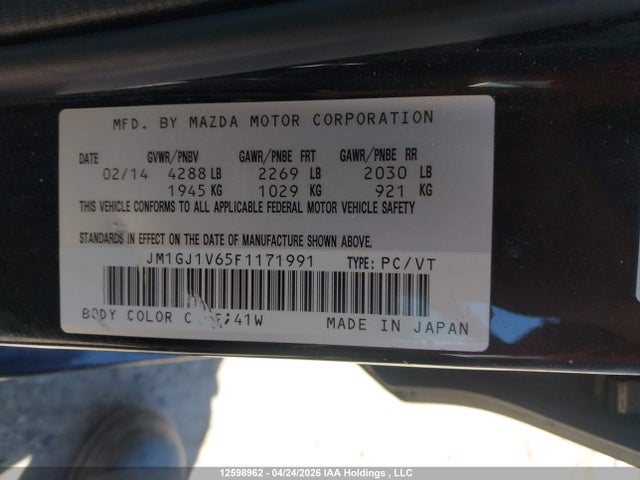 Продажа на аукционе авто 2015 Mazda Mazda6, vin: JM1GJ1V65F1171991, номер лота: 12598962