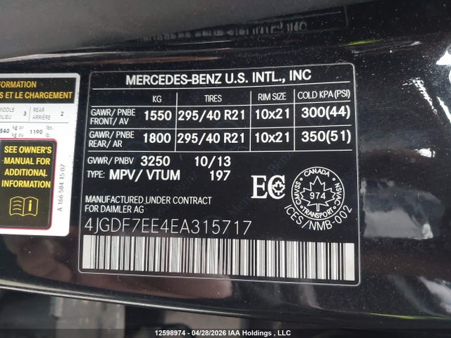 2014 Mercedes-benz Gl 63 Amg მანქანა იყიდება აუქციონზე, vin: 4JGDF7EE4EA315717, აუქციონის ნომერი: 12598974