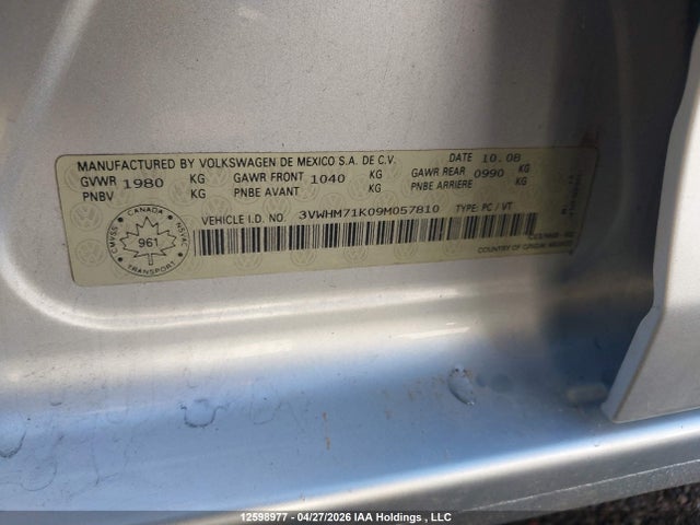 12598977 :رقم المزاد ، 3VWHM71K09M057810 vin ، 2009 Volkswagen Jetta S مزاد بيع