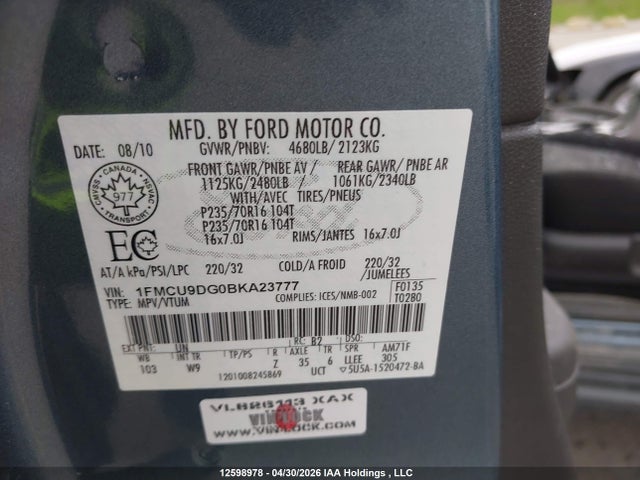 Продажа на аукционе авто 2011 Ford Escape, vin: 1FMCU9DG0BKA23777, номер лота: 12598978