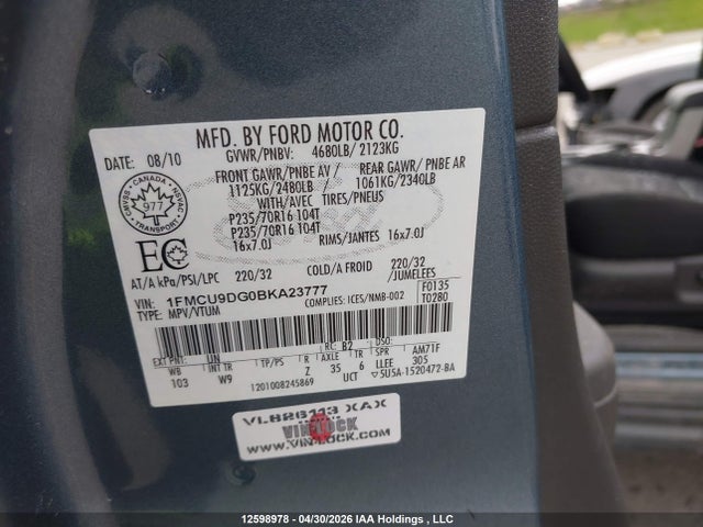 Продажа на аукционе авто 2011 Ford Escape, vin: 1FMCU9DG0BKA23777, номер лота: 12598978