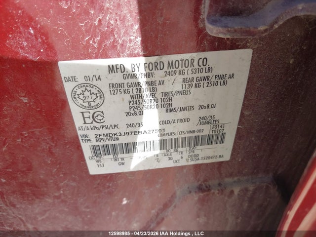 12598985 :رقم المزاد ، 2FMDK3J97EBA27501 vin ، 2014 Ford Edge Sel مزاد بيع