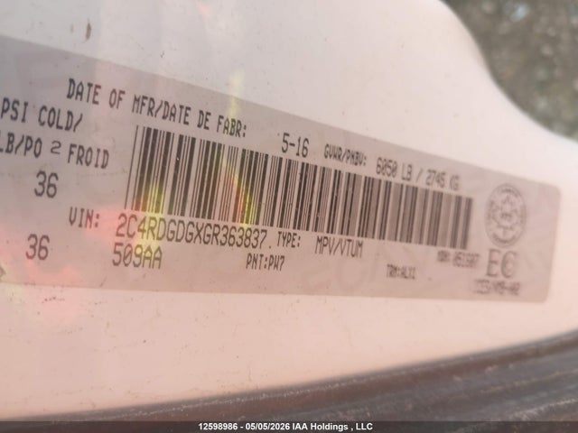 Продажа на аукционе авто 2016 Dodge Grand Caravan Crew, vin: 2C4RDGDGXGR363837, номер лота: 12598986