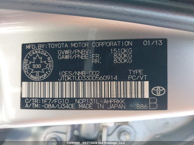 2013 Toyota Yaris მანქანა იყიდება აუქციონზე, vin: JTDKTUD33DD560914, აუქციონის ნომერი: 12598988