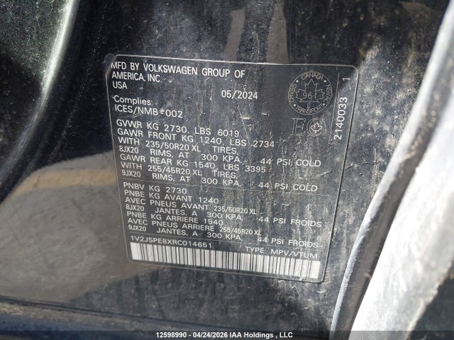 2024 Volkswagen Id.4 Pro S მანქანა იყიდება აუქციონზე, vin: 1V2JSPE8XRC014651, აუქციონის ნომერი: 12598990