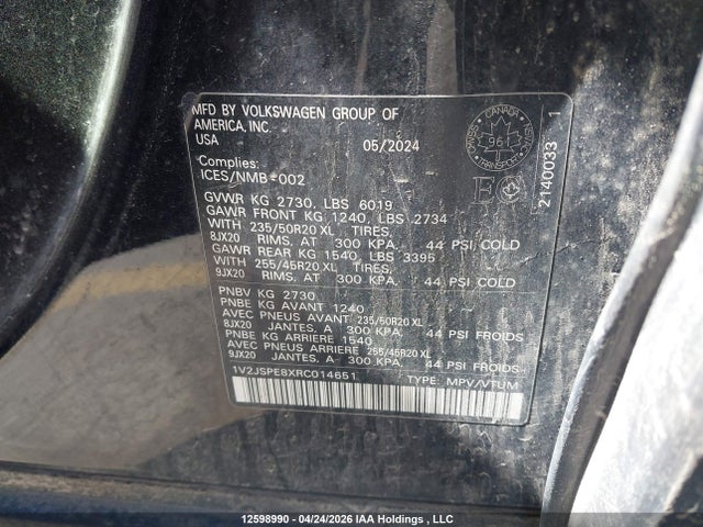 2024 Volkswagen Id.4 Pro S მანქანა იყიდება აუქციონზე, vin: 1V2JSPE8XRC014651, აუქციონის ნომერი: 12598990