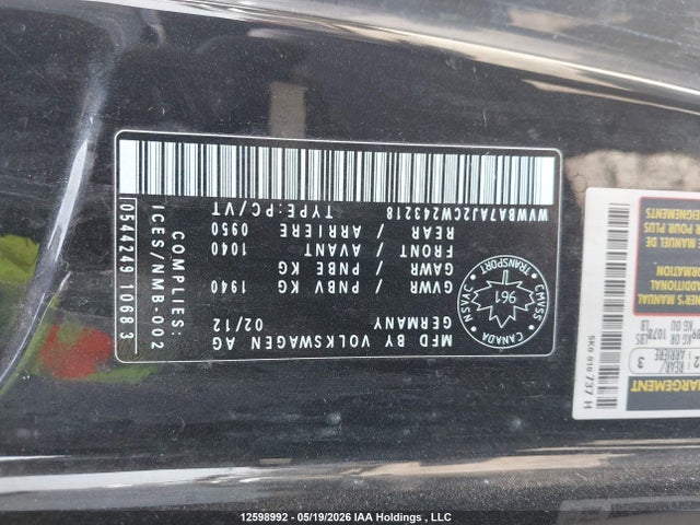 Aukcja sprzedaży 2012 Volkswagen Golf, vin: WVWBA7AJ2CW243218, numer aukcji: 12598992