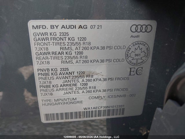 Aukcja sprzedaży 2022 Audi Q3 Komfort 45, vin: WA1AECF39N1012331, numer aukcji: 12599005