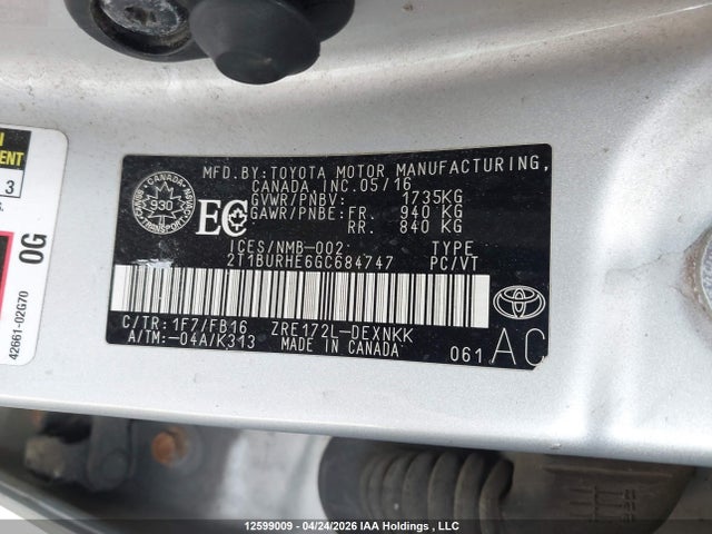 Продажа на аукционе авто 2016 Toyota Corolla Le, vin: 2T1BURHE6GC684747, номер лота: 12599009