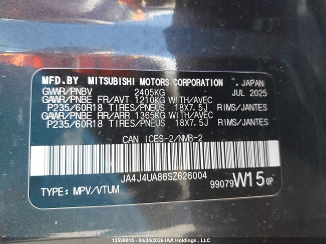 JA4J4UA86SZ626004 Mitsubishi Outlander Es