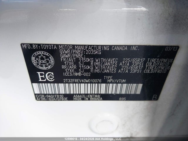 12599016 :رقم المزاد ، 2T3ZFREV4DW010076 vin ، 2013 Toyota Rav4 Le مزاد بيع