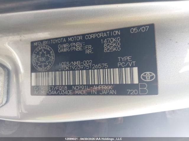Продаж на аукціоні авто 2007 Toyota Yaris, vin: JTDKT923975126575, номер лоту: 12599021