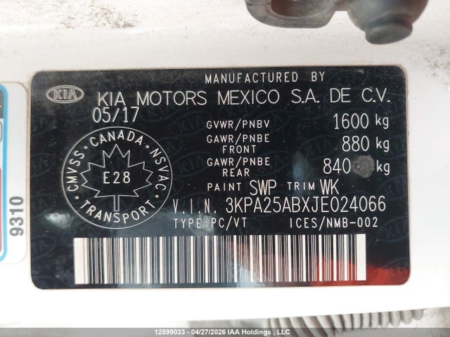 Aukcja sprzedaży 2018 Kia Rio Lx/lx+, vin: 3KPA25ABXJE024066, numer aukcji: 12599033