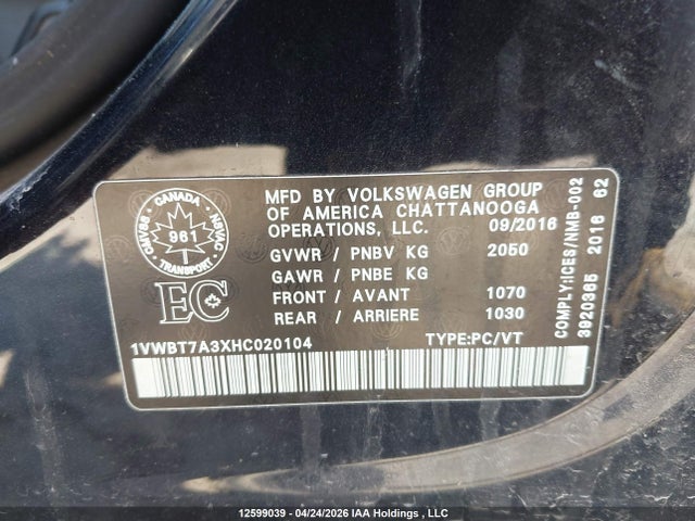 1VWBT7A3XHC020104 Volkswagen Passat