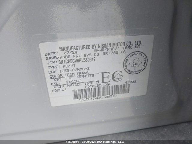 Auction sale of the 2024 Nissan Kicks Sv, vin: 3N1CP5CV6RL580919, lot number: 12599041