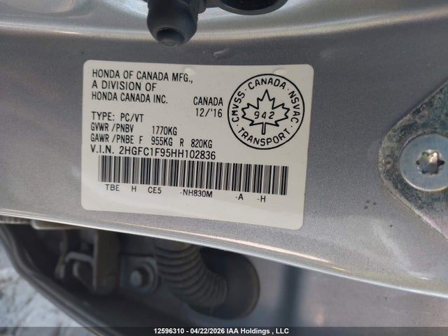 12596310 :رقم المزاد ، 2HGFC1F95HH102836 vin ، 2017 Honda Civic Touring مزاد بيع