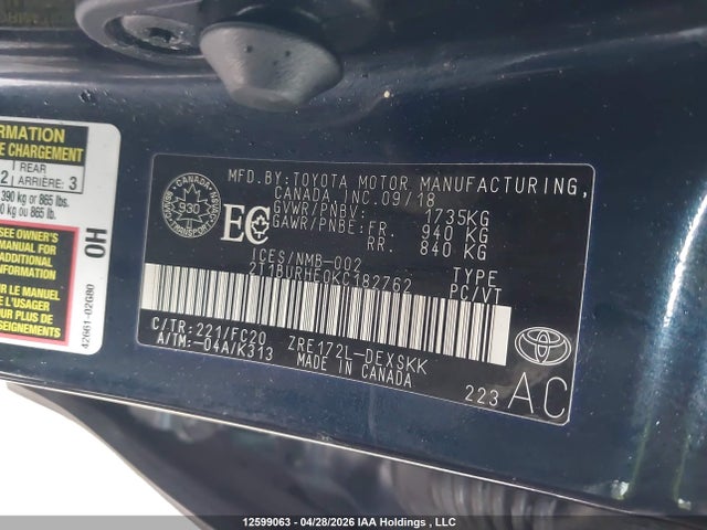Продаж на аукціоні авто 2019 Toyota Corolla Se, vin: 2T1BURHE0KC182762, номер лоту: 12599063