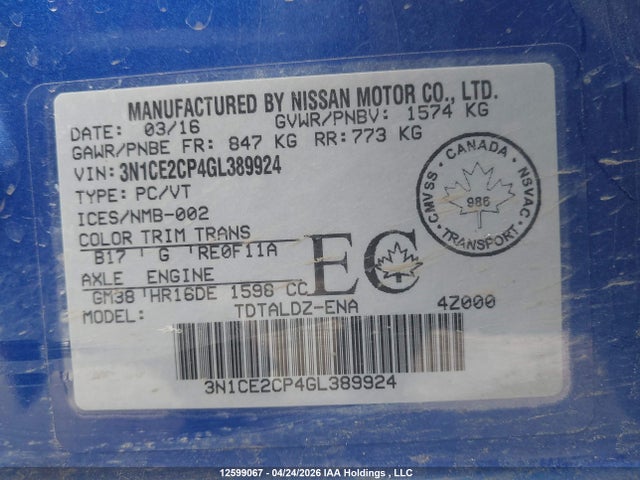 2016 Nissan Versa Note S/s Plus/sv/sl/sr მანქანა იყიდება აუქციონზე, vin: 3N1CE2CP4GL389924, აუქციონის ნომერი: 12599067