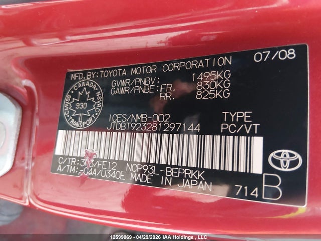Продаж на аукціоні авто 2008 Toyota Yaris, vin: JTDBT923281297144, номер лоту: 12599069